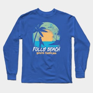 Retro Sunset Folly Beach South Carolina Surfing // Retro Carolina Beach Long Sleeve T-Shirt